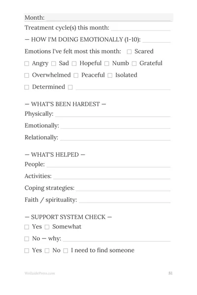 Cancer Treatment Journal — monthly emotional check-in worksheet