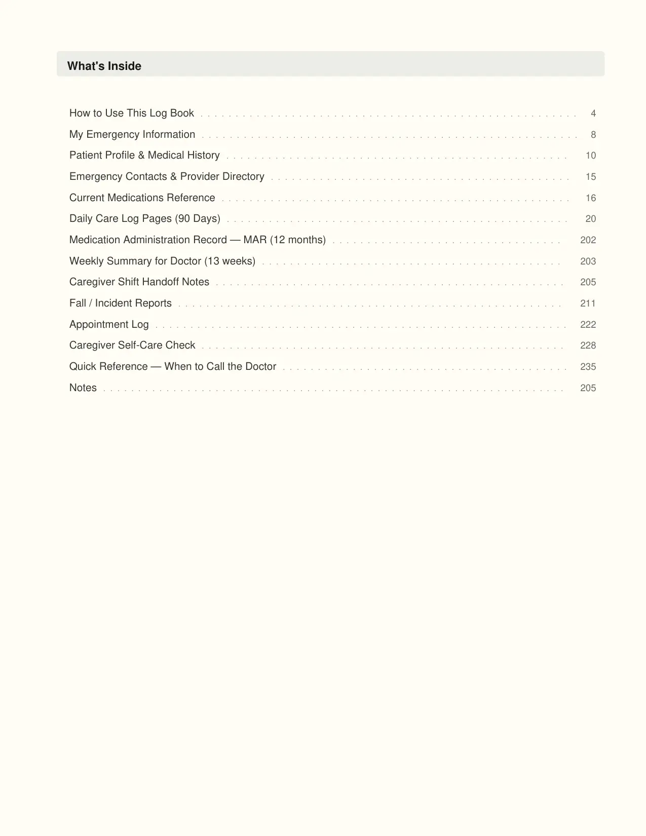 Caregiver Daily Log Book interior page preview — structured journal layout