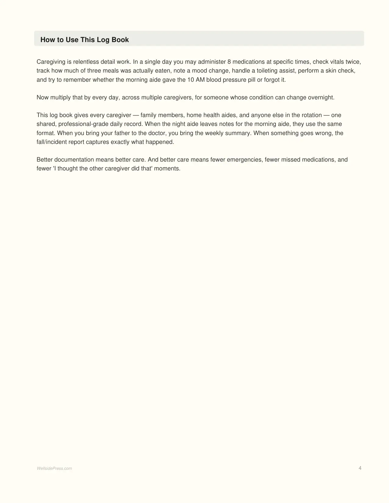 Caregiver Daily Log Book interior page preview — structured journal layout