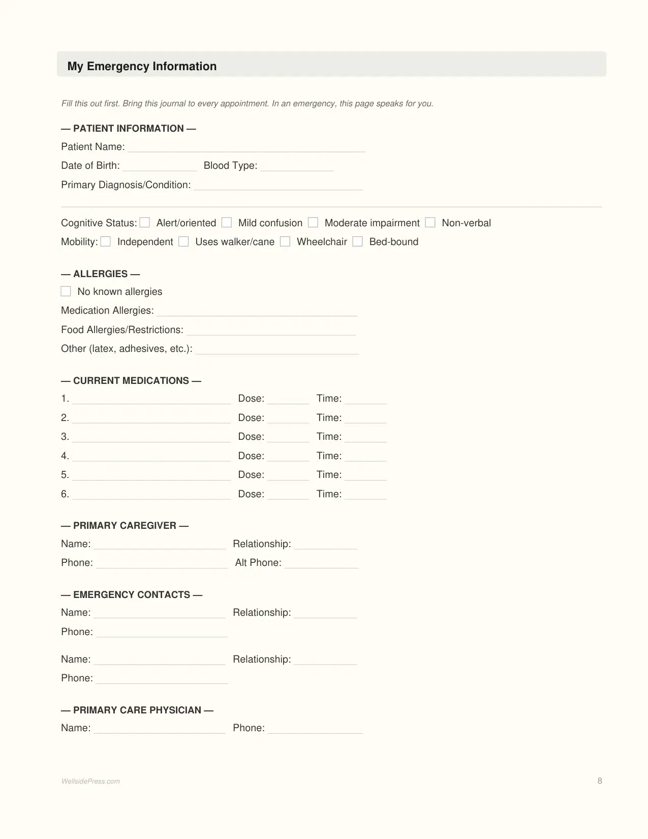 Caregiver Daily Log Book interior page preview — structured journal layout