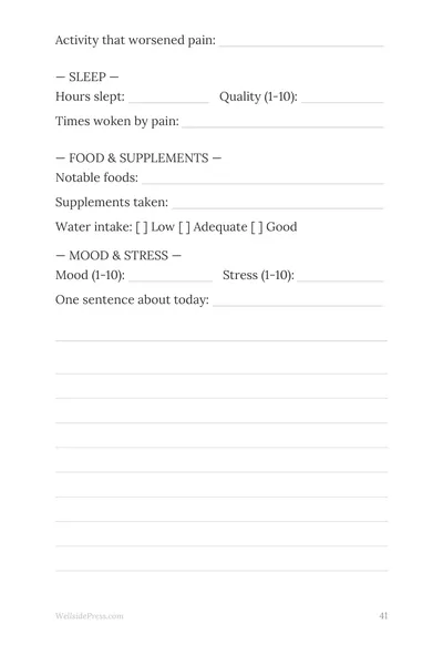 Chronic Pain Management Journal — daily pain and activity tracking page