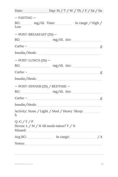 Diabetes Management Journal interior page preview — structured journal layout