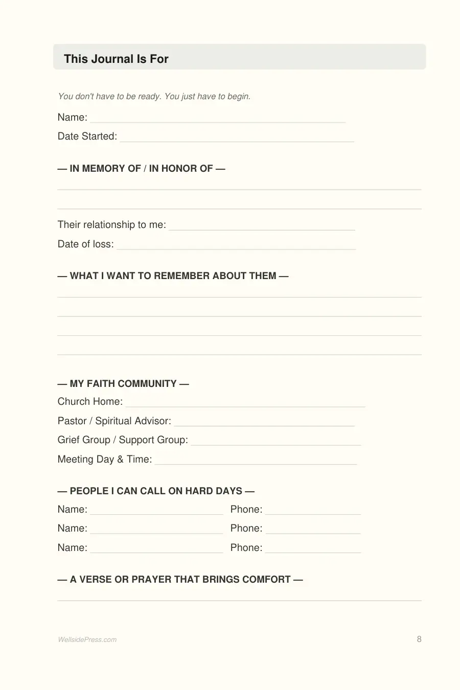 Grief & Healing Prayer Journal interior page preview — structured journal layout