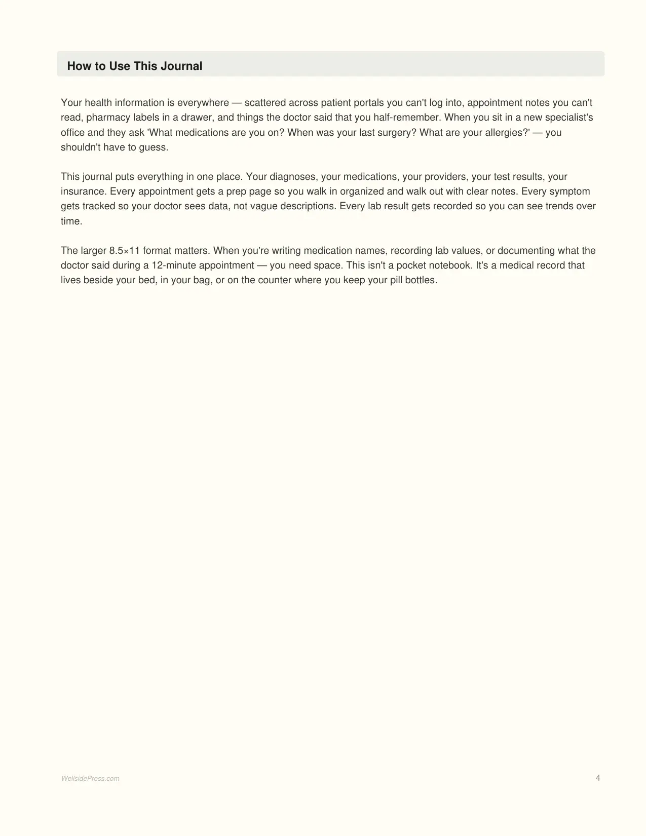 Medical Patient Companion interior page preview — structured journal layout