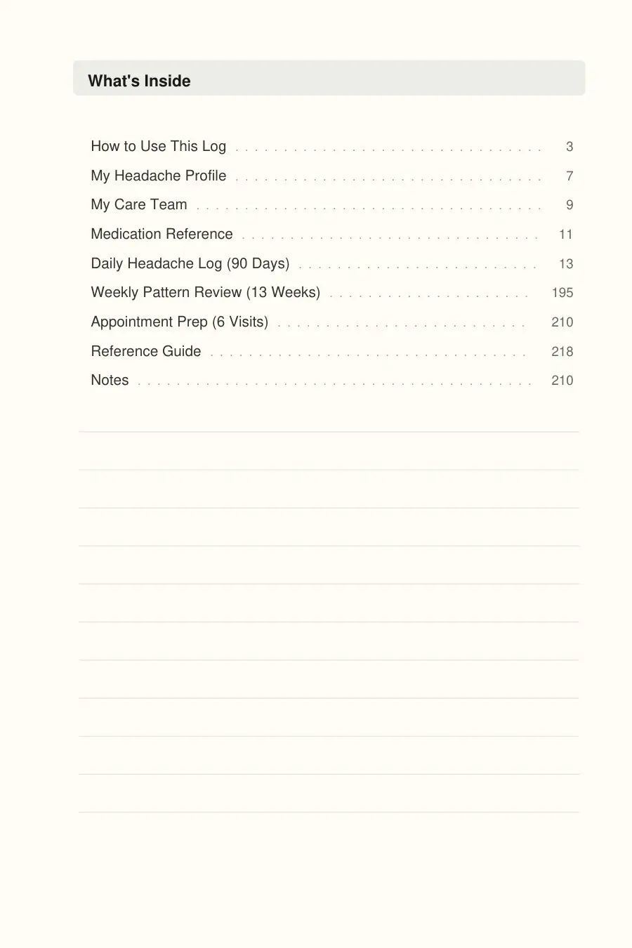Migraine & Headache Log interior page preview — structured journal layout