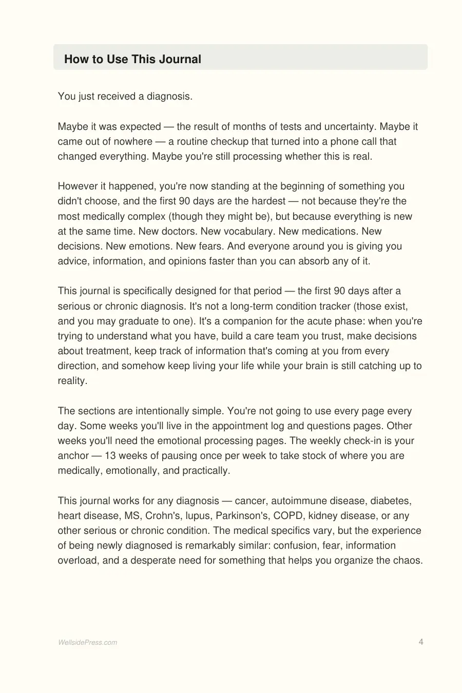 Post-Diagnosis Companion: Your First 90 Days interior page preview — structured journal layout