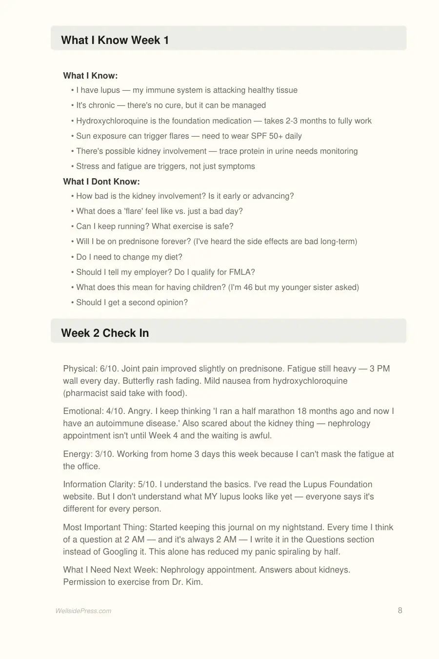 Post-Diagnosis Companion: Your First 90 Days interior page preview — structured journal layout