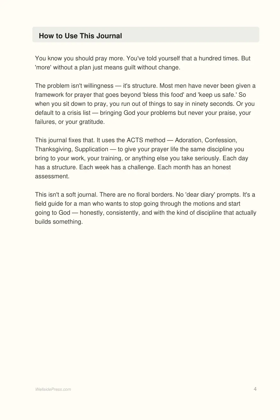 Prayer Journal for Men interior page preview — structured journal layout