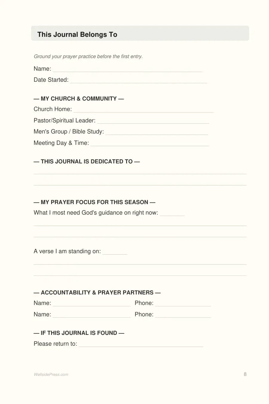 Prayer Journal for Men interior page preview — structured journal layout