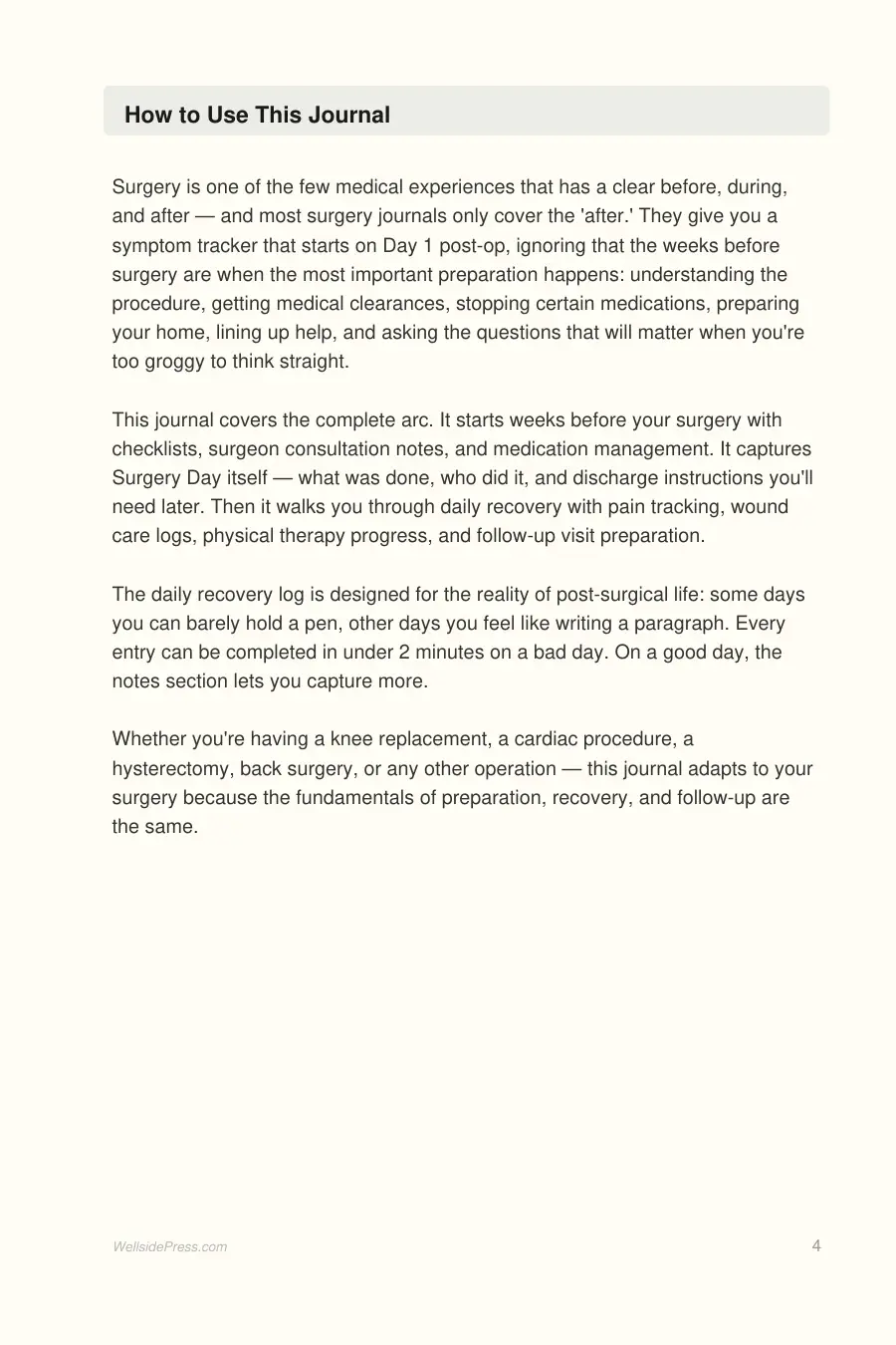 Surgery Prep & Recovery Journal interior page preview — structured journal layout